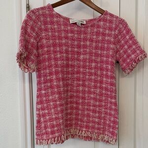 Sara Campbell Pink Tweed Fringe Top – Short Sleeve Bouclé Blouse, Size Small